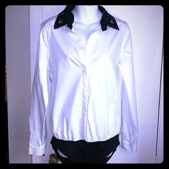 TIBI White Cotton Black Collared Bodysuit-10 - Picture 1 of 8
